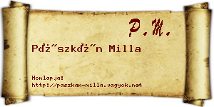 Pászkán Milla névjegykártya